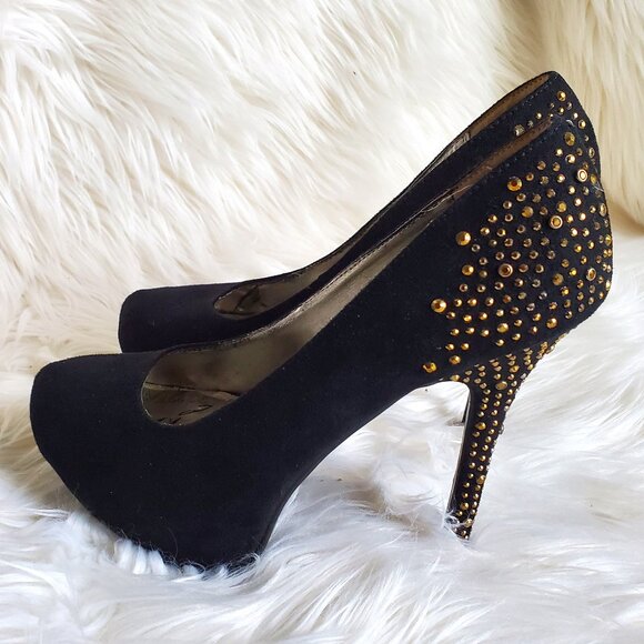 Material Girl Black Suede Gold Rhinestone Platform Heels SZ 10 - Picture 5 of 11